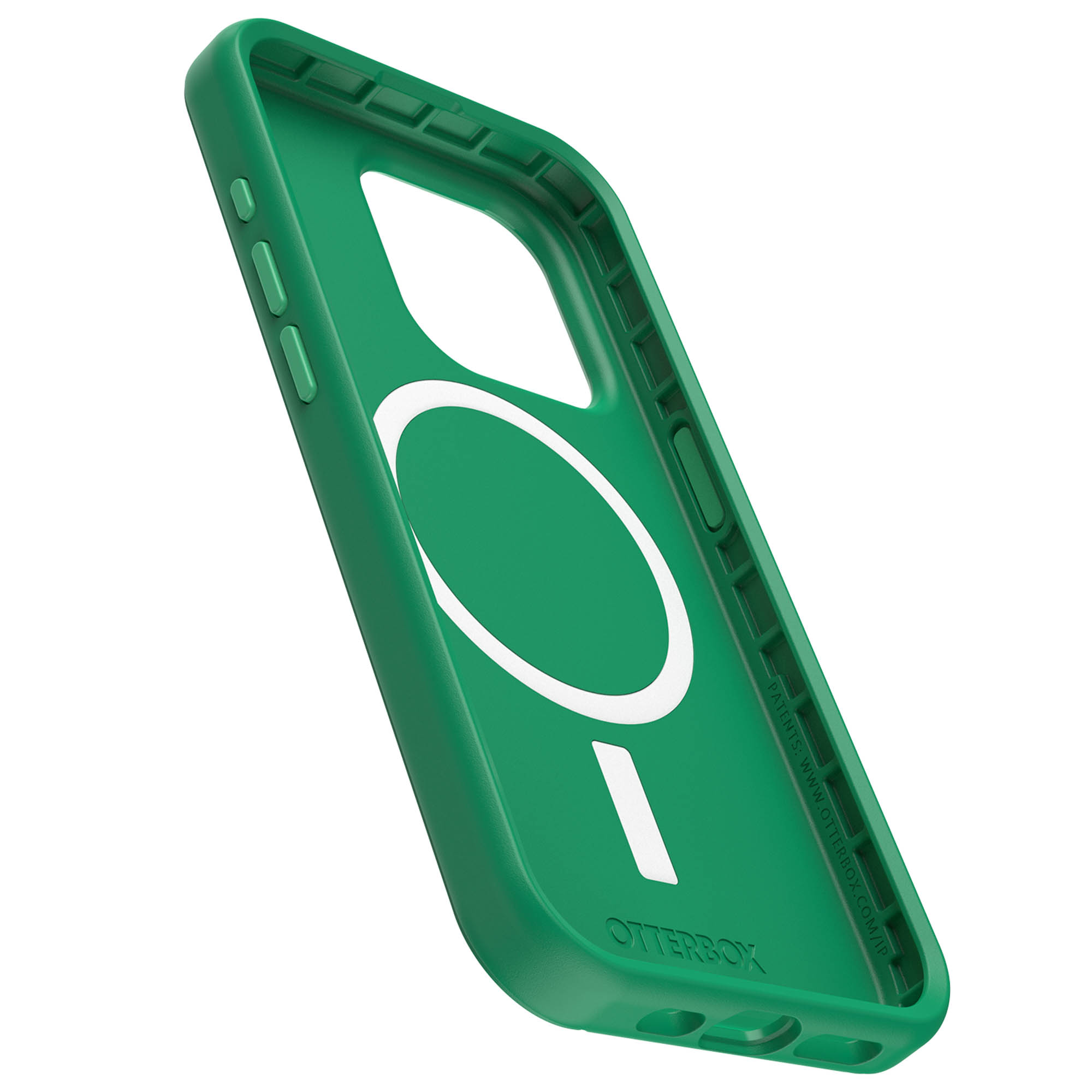 Funda verde para teléfono, lado interior visible.