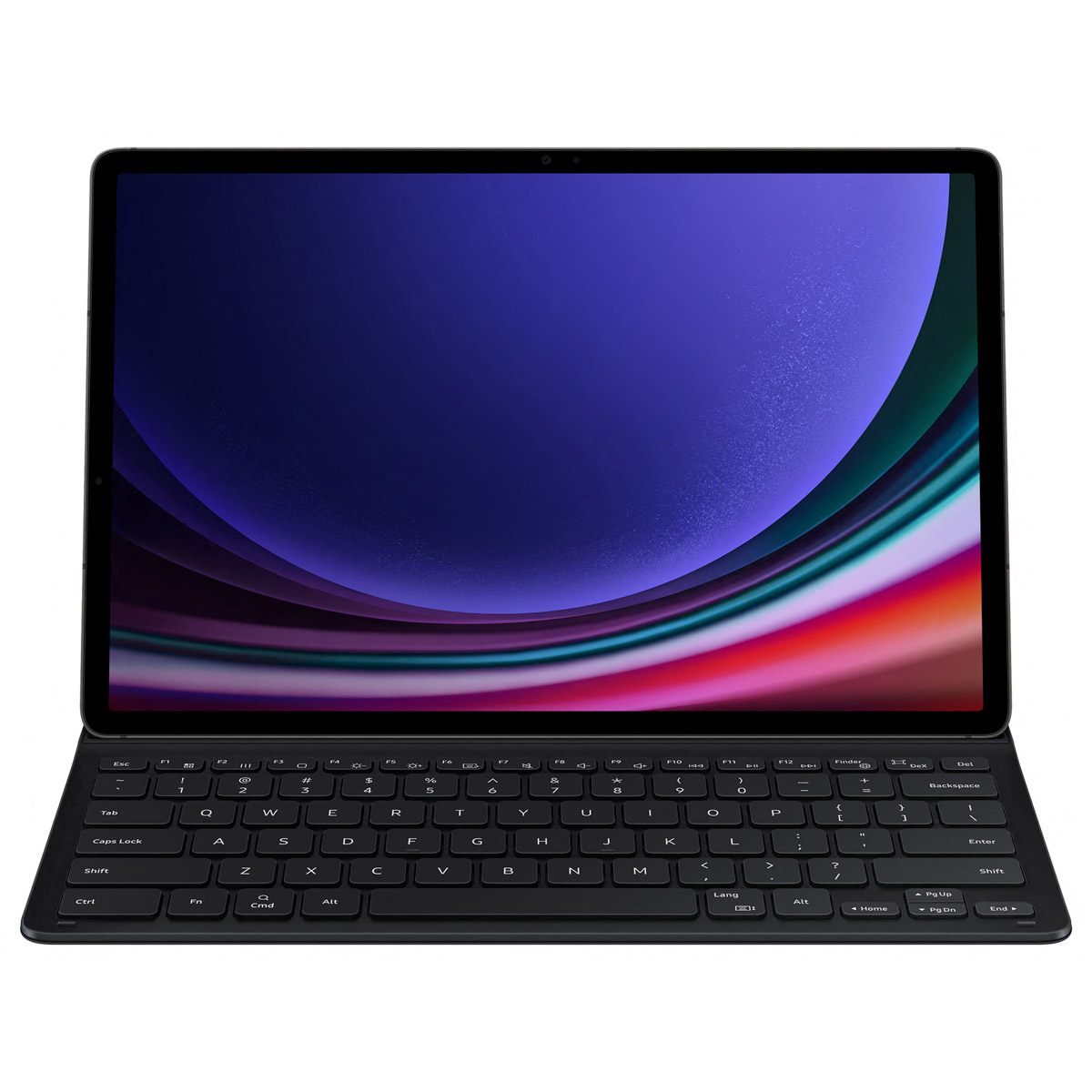 Schwarzes Tablet mit Tastatur. Der Bildschirm zeigt einen blau-lila-rosa Farbverlauf.