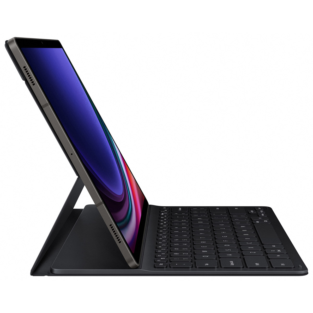 Laptop mit schwarzer Tastatur und Bildschirm mit mehrfarbiger Grafik auf einem Ständer.