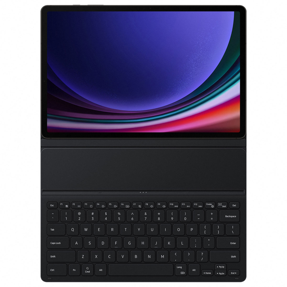 Schwarzes Tablet mit Tastatur, zeigt einen farbenfrohen, abstrakten Bildschirm. Die Tastatur ist unten.