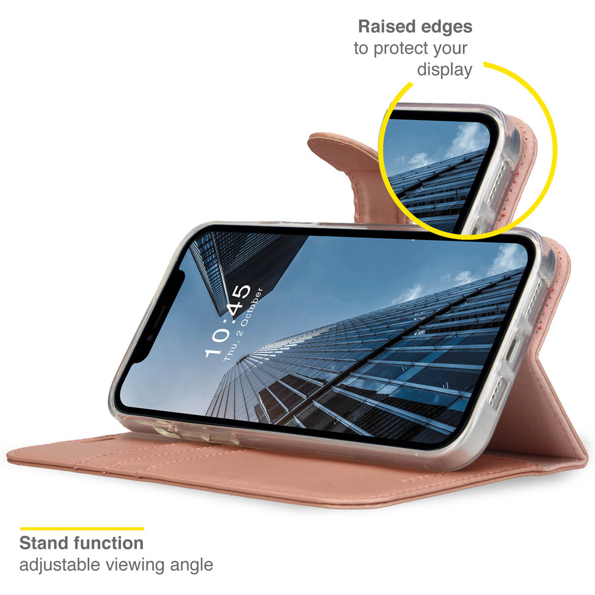 Telefoon in een hoesje. Open hoesje met verstelbare kijkhoek. Tekst: Standfunctie.