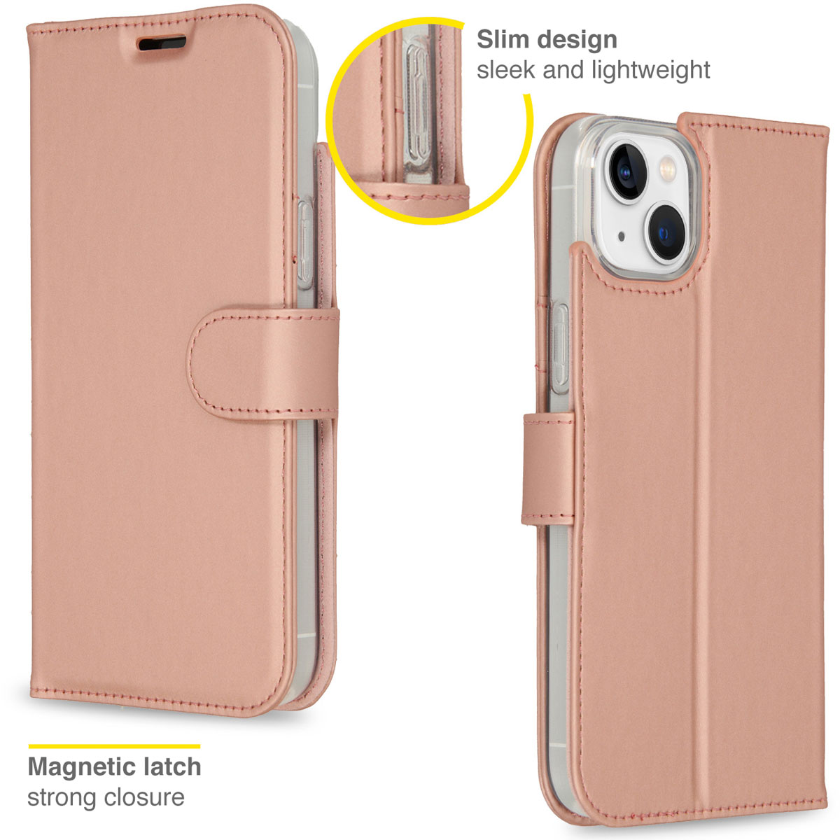Roze telefoonhoesje, open en dicht. Het heeft een magnetische sluiting en een slank ontwerp.