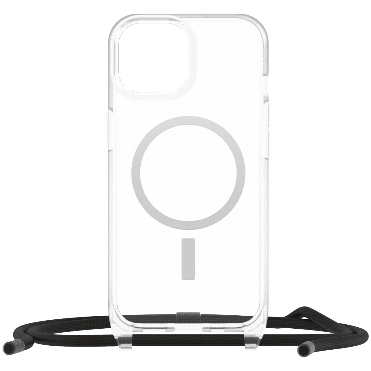 Transparante telefoonhoes met zwart koord. Hoes heeft een cirkelvormig ontwerp op de achterkant. Koord is zwart.
