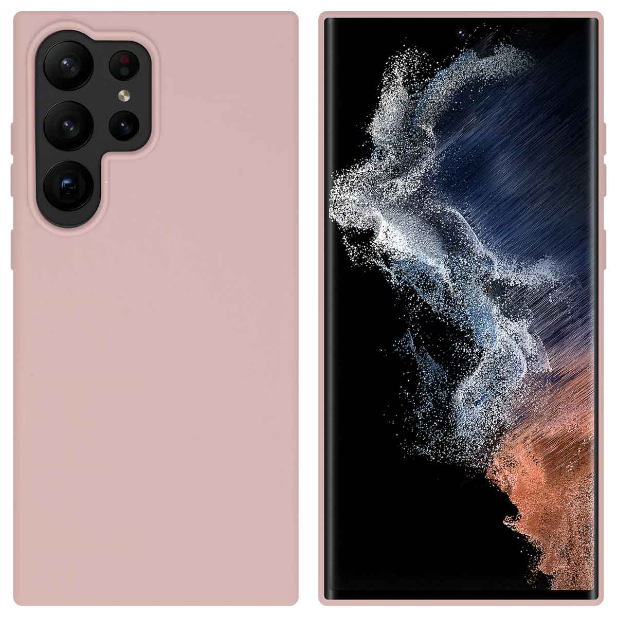 Roze telefoon met drie camera's aan de achterkant. Telefoon staat aan de rechterkant.