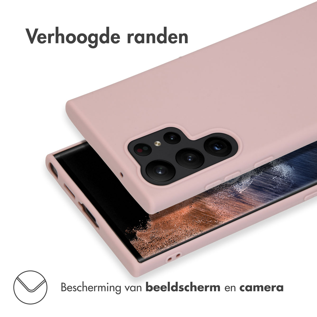 Roze telefoonhoes op witte achtergrond. Het heeft verhoogde randen voor scherm- en camerabescherming.
