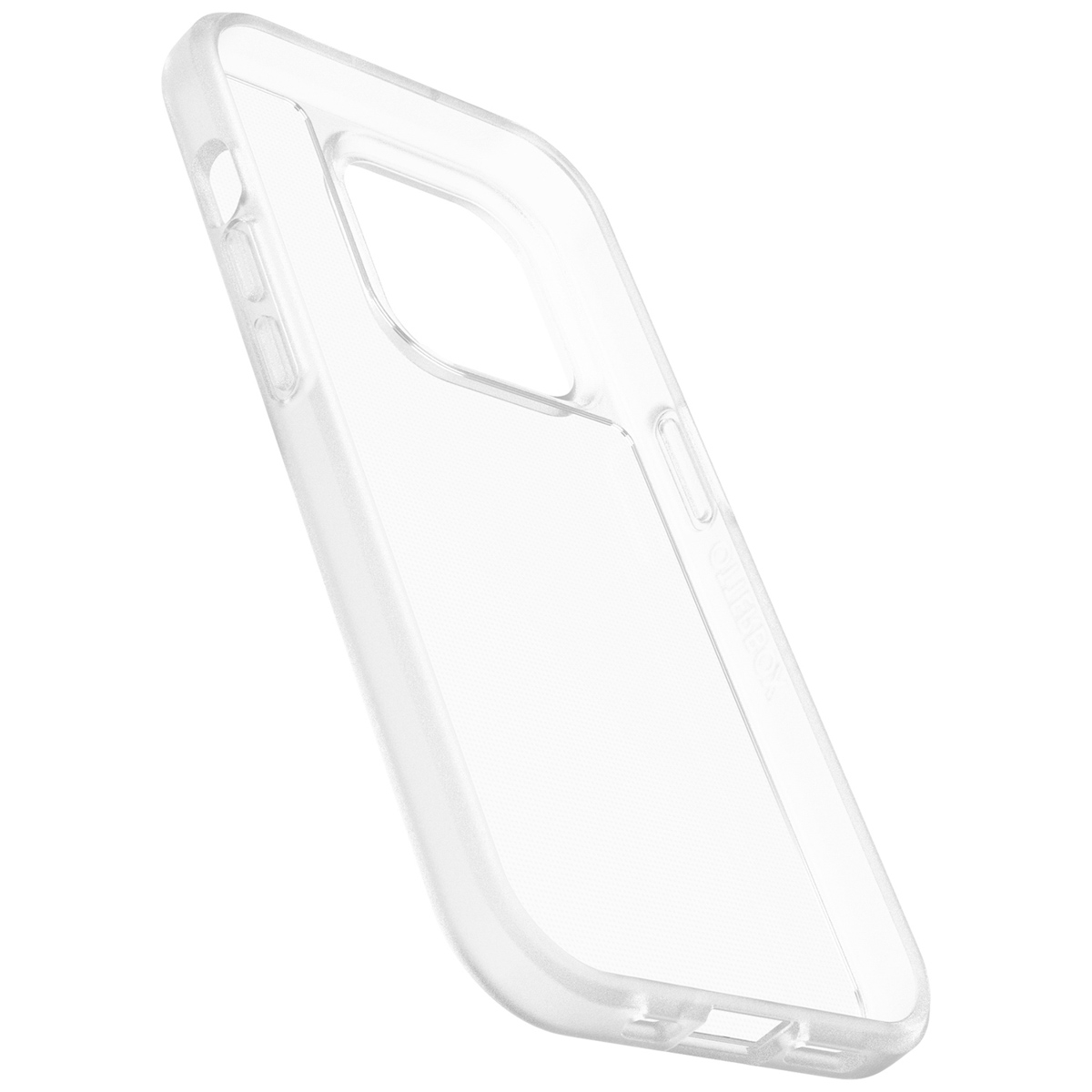 Custodia trasparente per telefono in plastica trasparente, angolata, che mostra i lati.