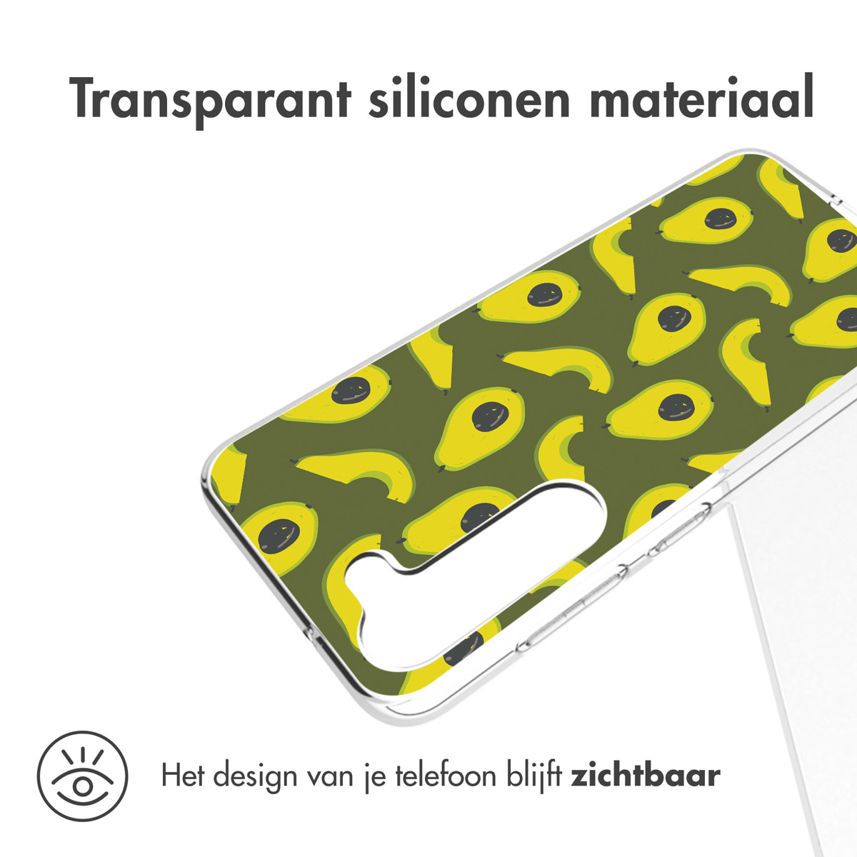 Transparent phone case with avocado pattern, showing design, and phone visible.