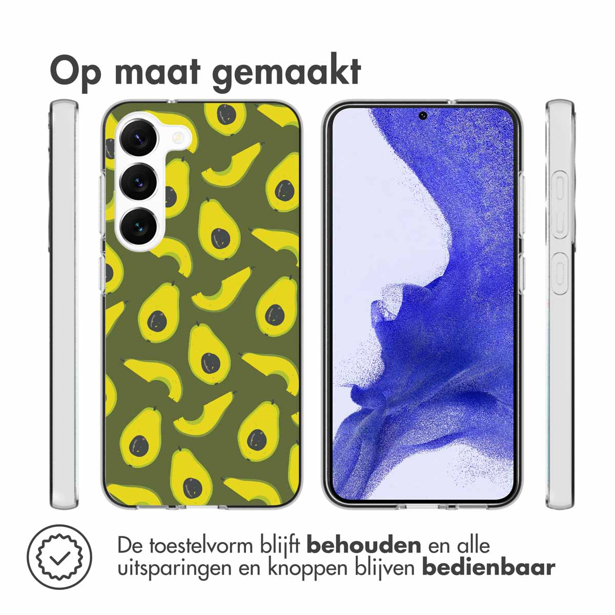Phone case with avocado pattern. Two phones, one with case, one without.