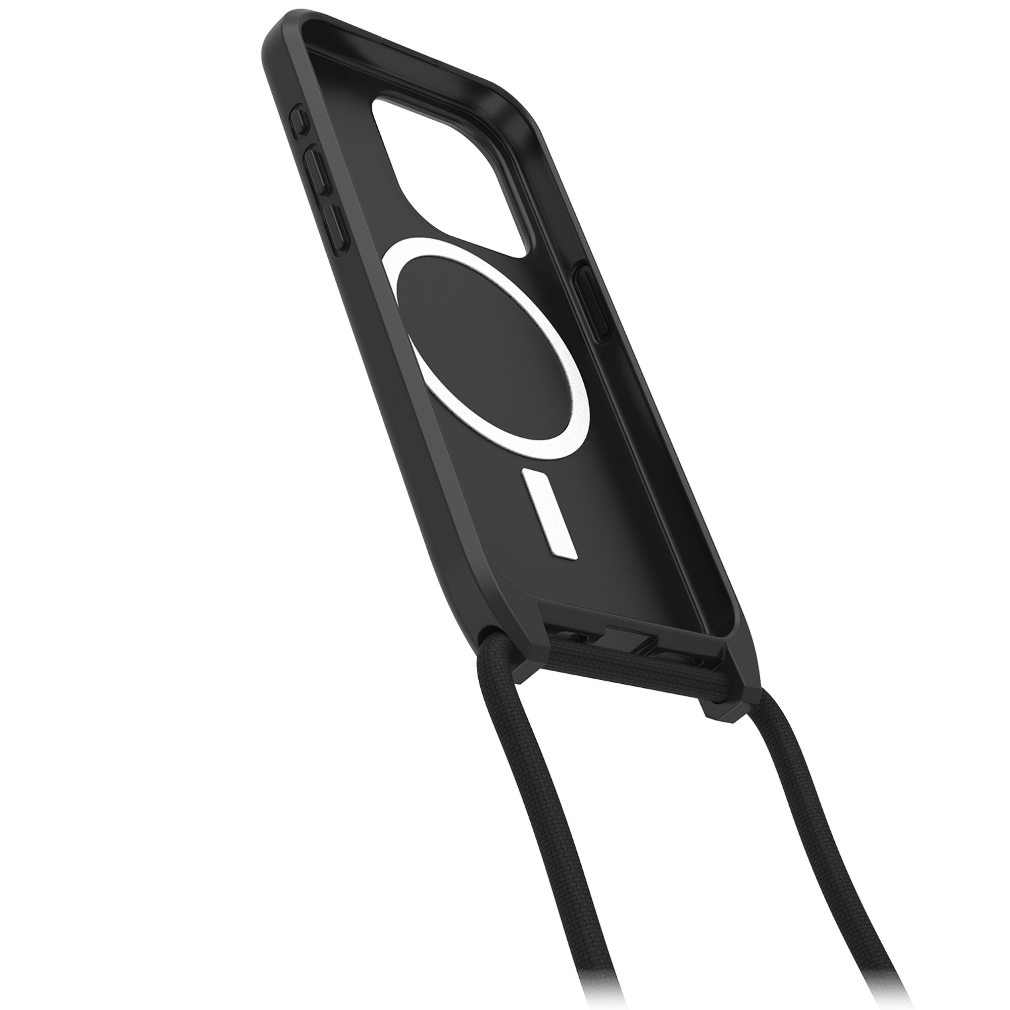 Schwarze Handyhülle mit Lanyard. Rückseite.