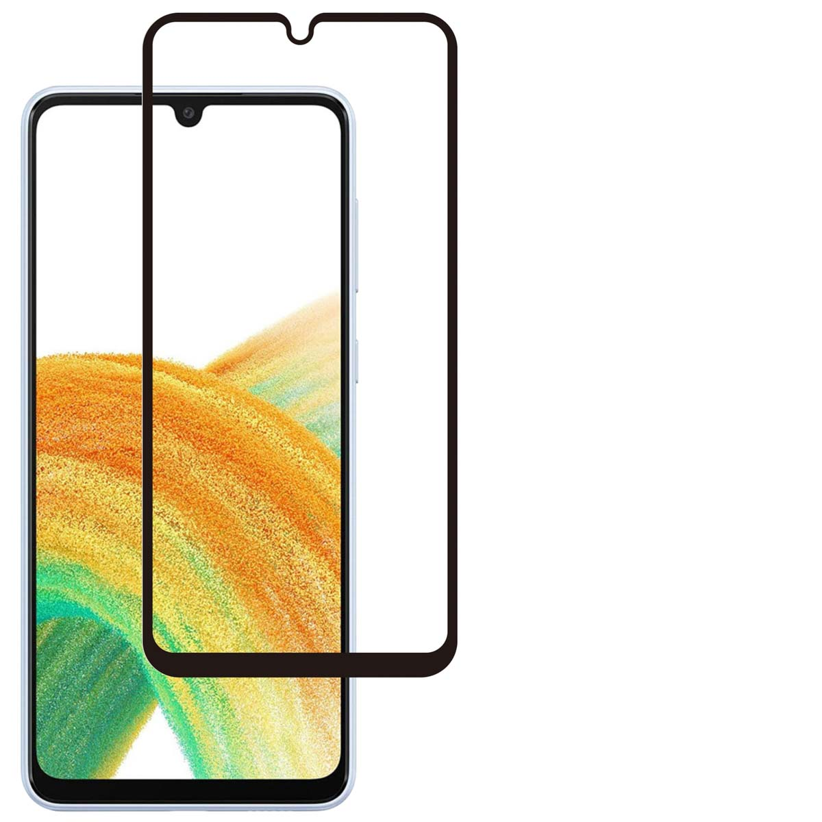A phone with a screen protector on it, with a black frame.