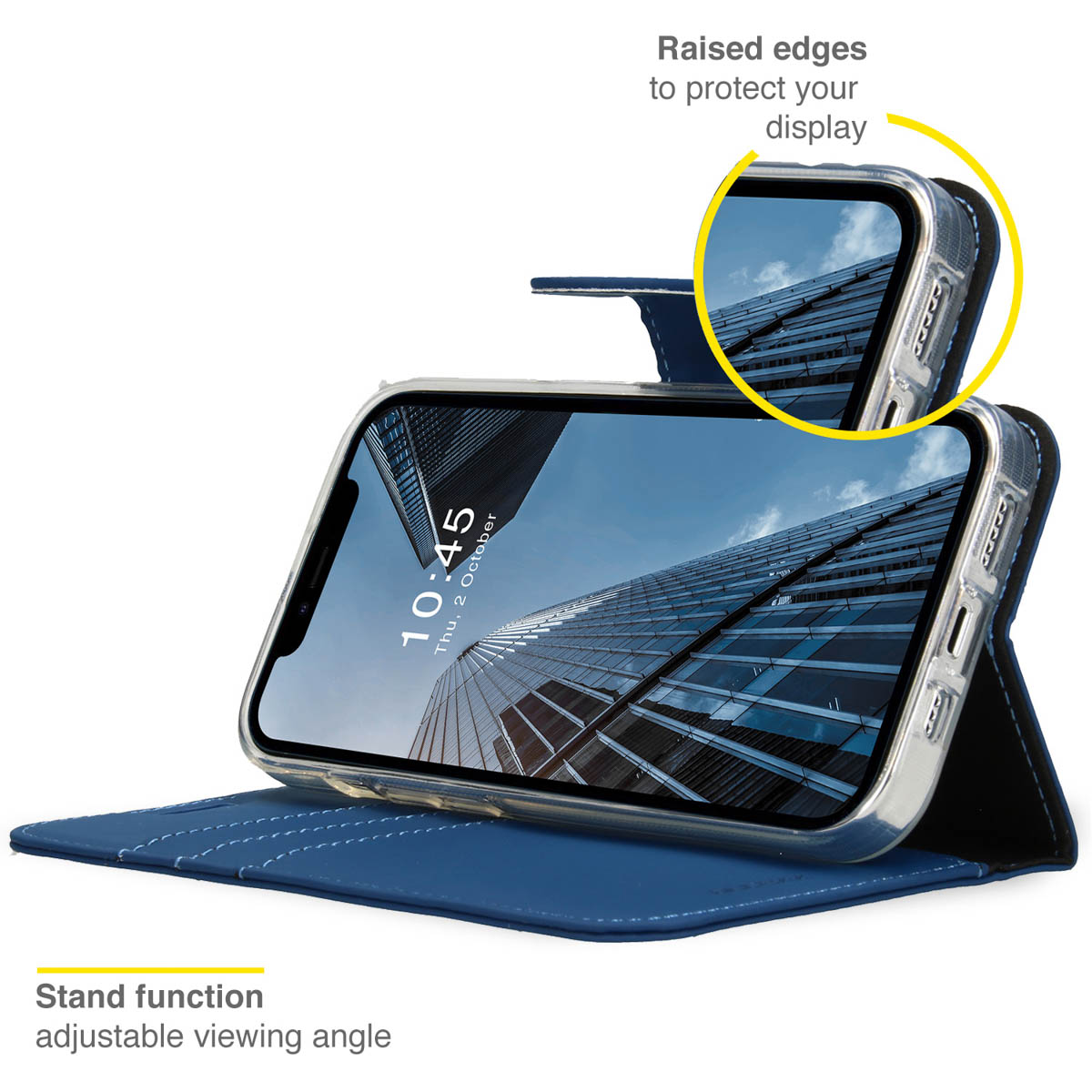 Een telefoon in een doorzichtige hoes, geopend, met de standfunctie en verhoogde randen.