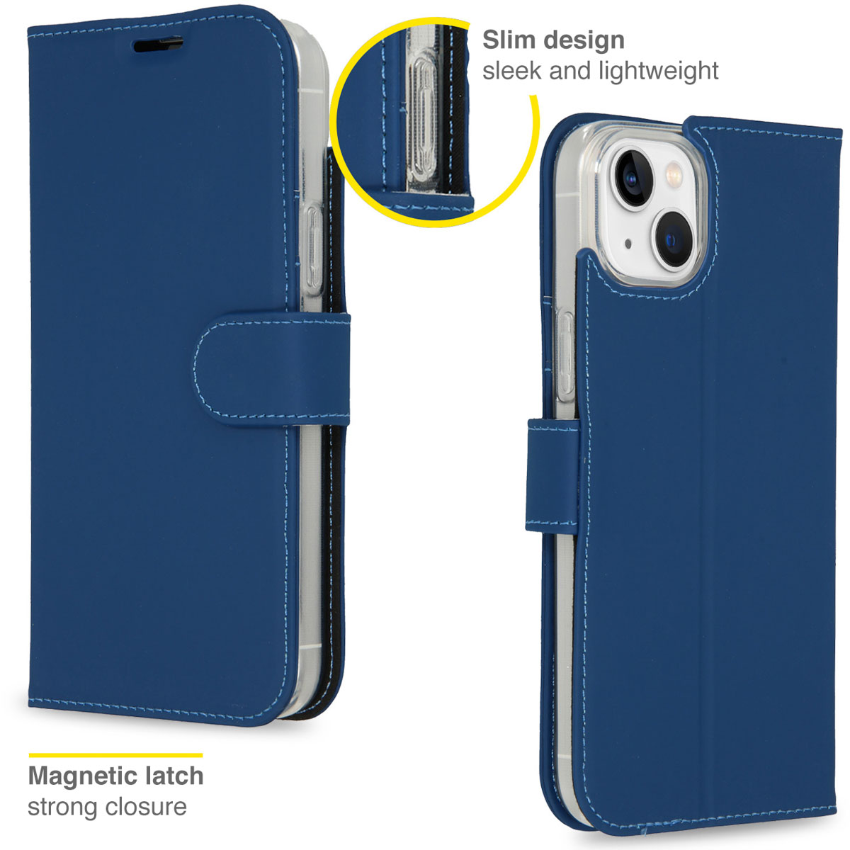 Blauwe telefoonhoes, open, met een telefoon erin. Magnetische sluiting wordt getoond, ook slank ontwerp.