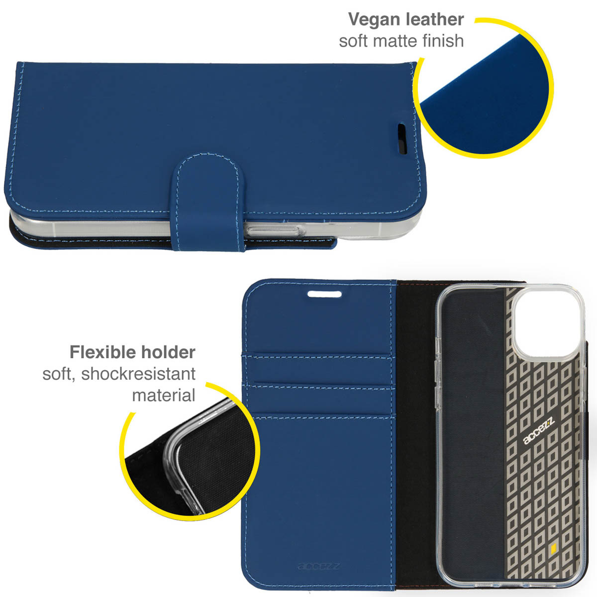 Blauwe telefoonhoes open en toont telefoon. Tekst: veganistisch leer, zacht en flexibele houder met schokbestendig materiaal.