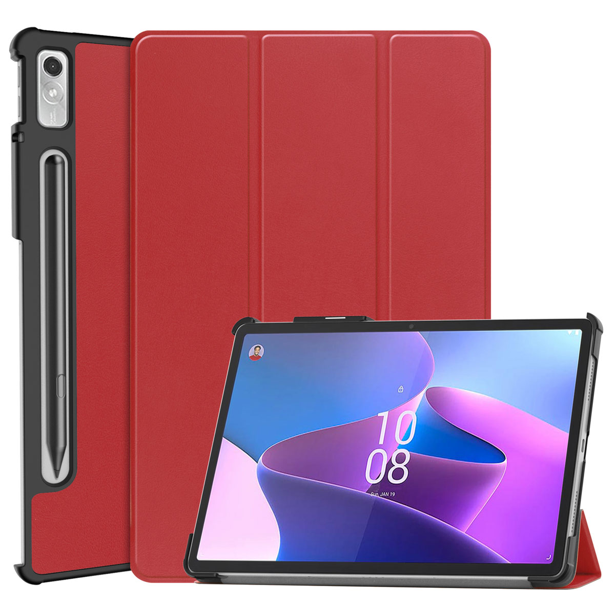 Tablet met rode hoes en zwarte case met een pen.