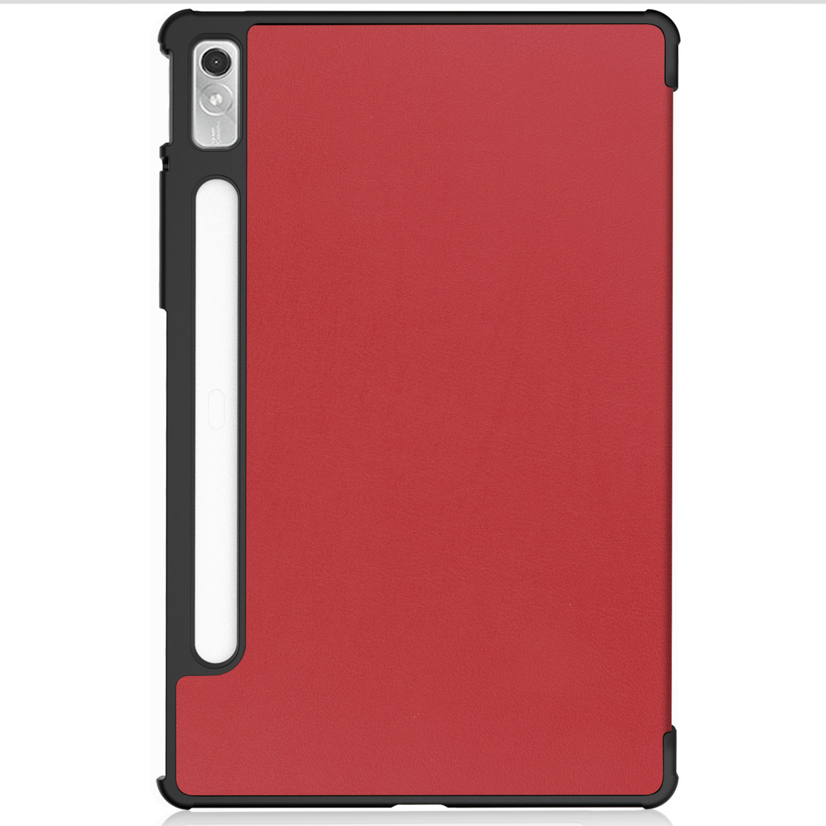 Rode tablethoes met een zwart frame en een witte balk, tablet erin.