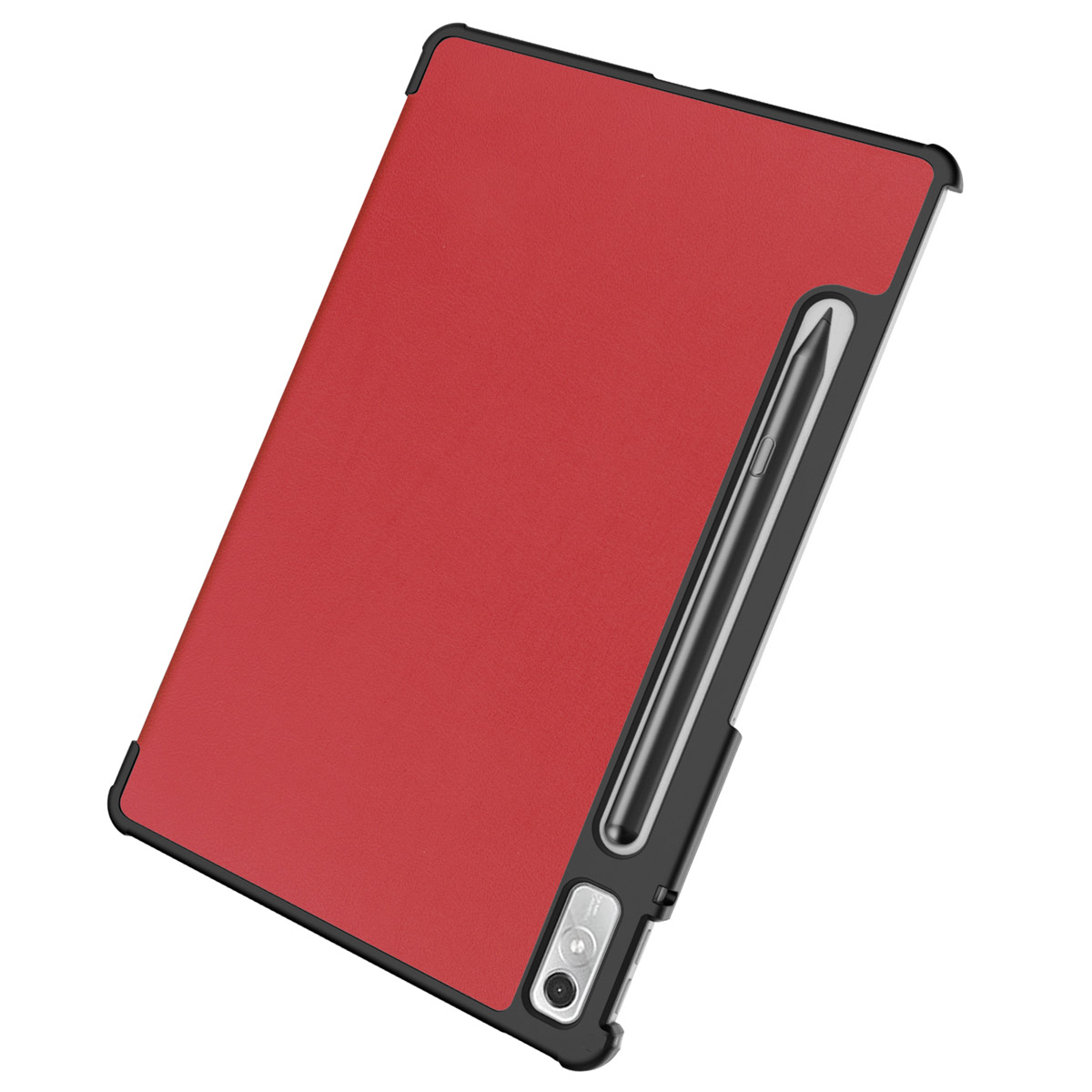 Rode tablethoes open met stylus. De stylus zit erin. Tablet in de hoes.