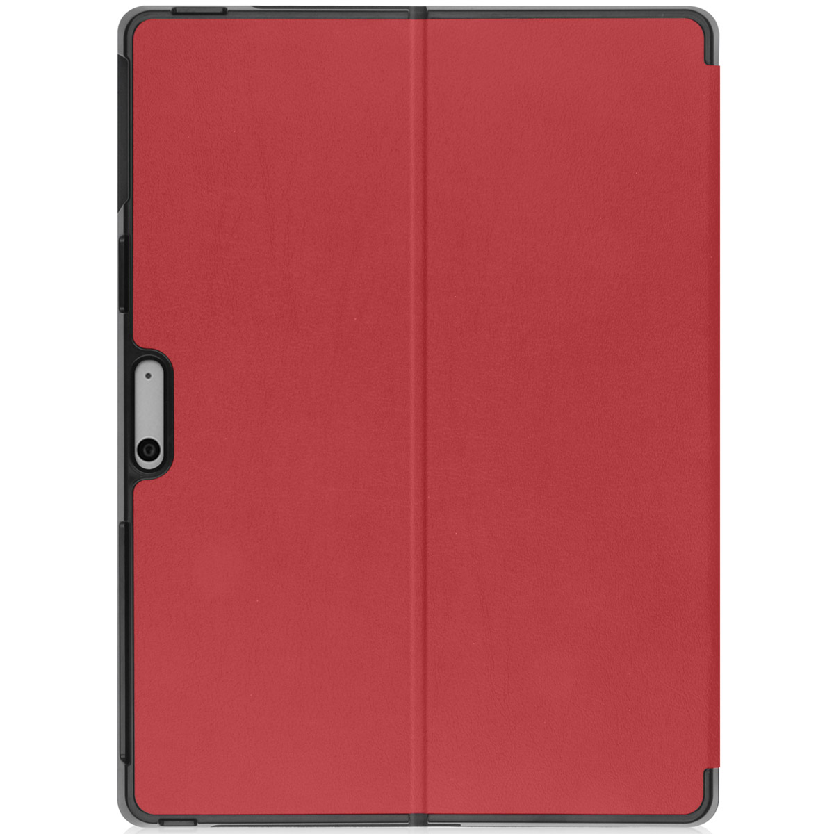 Tablet in a red case, closed. The back has a camera cutout. The case is plain and smooth.