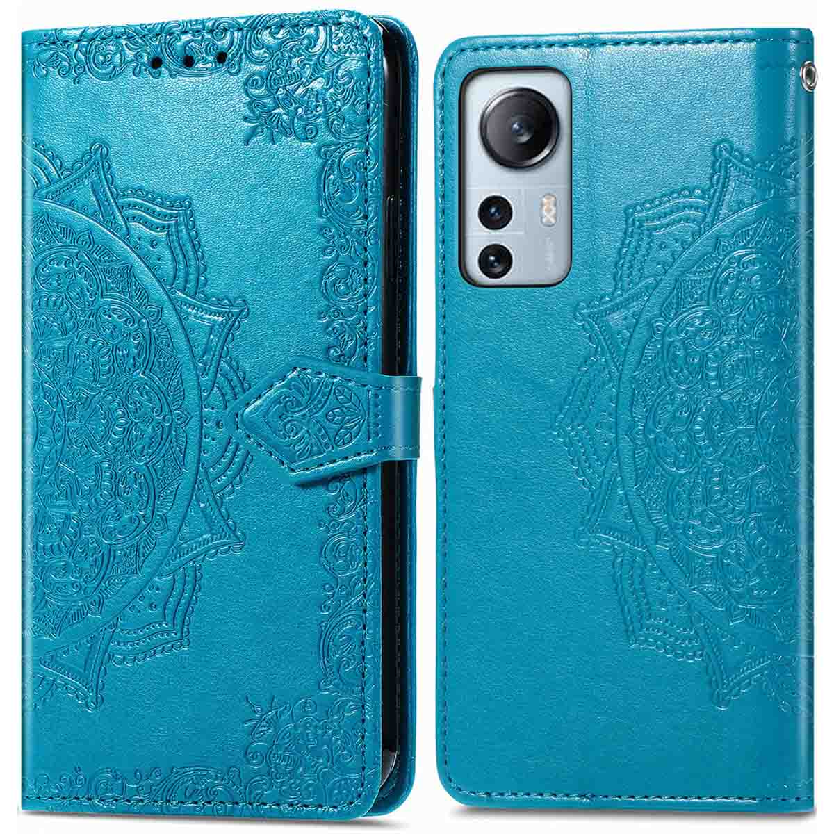 Custodia blu, aperta, con telefono. Motivo e chiusura.