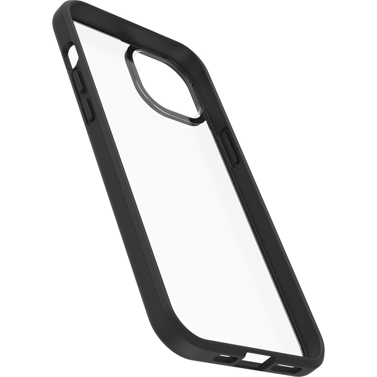 Custodia trasparente per telefono con paraurti nero. Ritaglio della fotocamera presente.