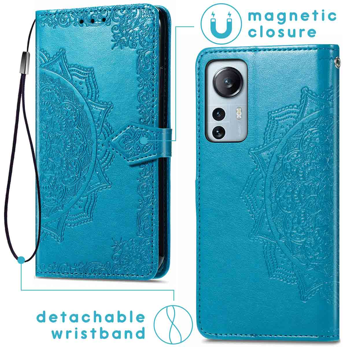 Custodia blu per telefono, che mostra una vista aperta e chiusa. Include un cinturino da polso staccabile e una chiusura magnetica.