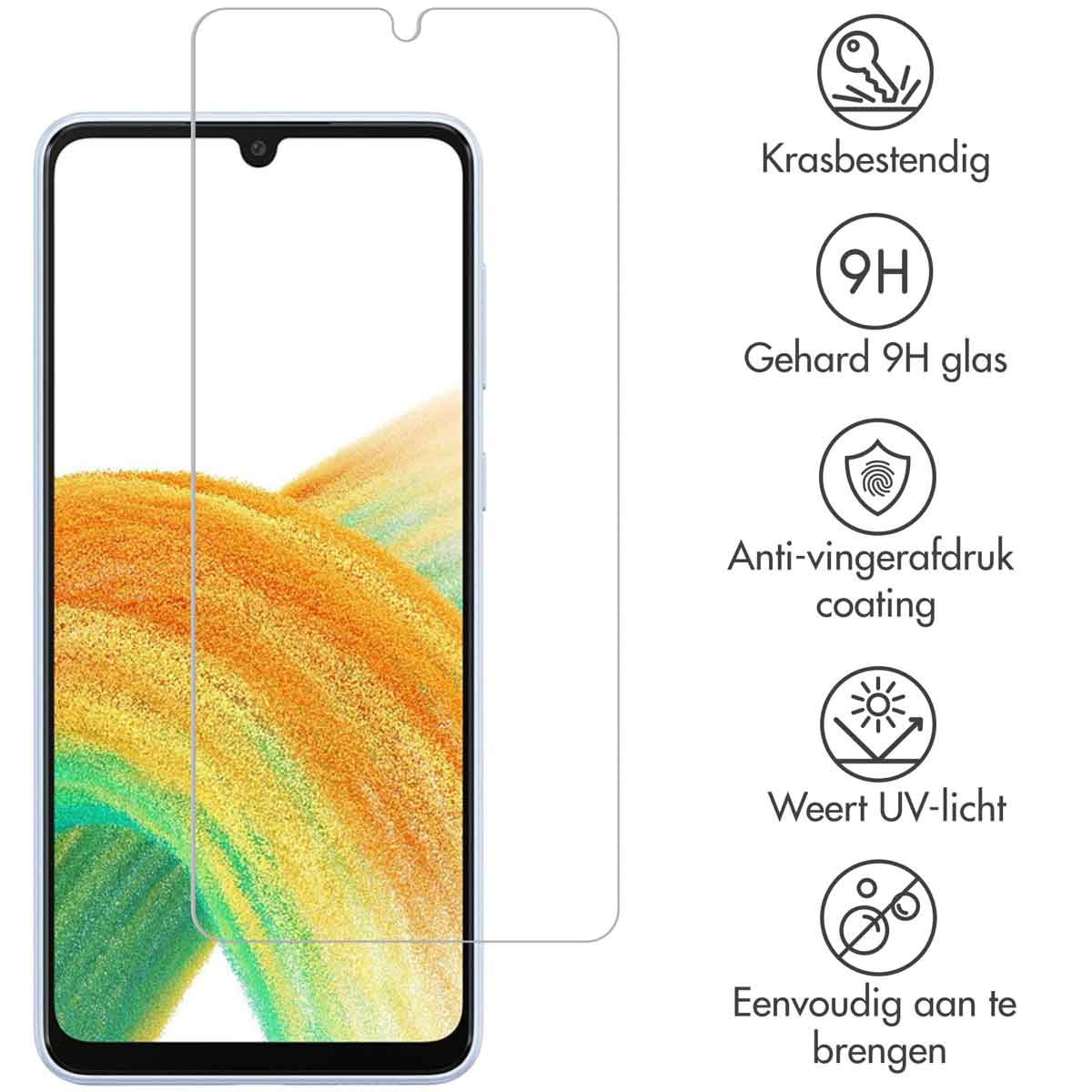 Phone with screen protector applied, with icons around it.