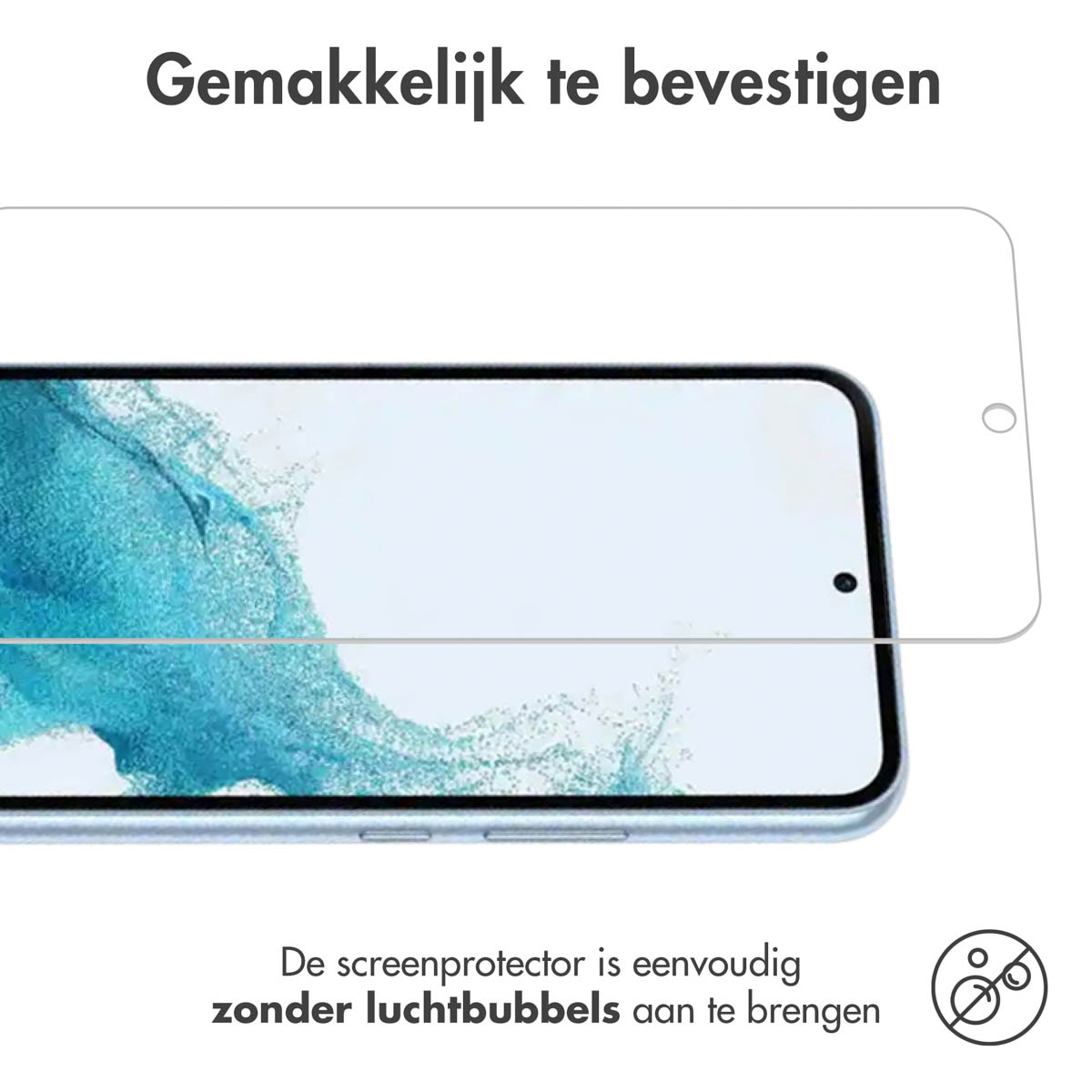 Screen protector on a phone. Transparent sheet is placed. Text: Easy to apply without air bubbles.