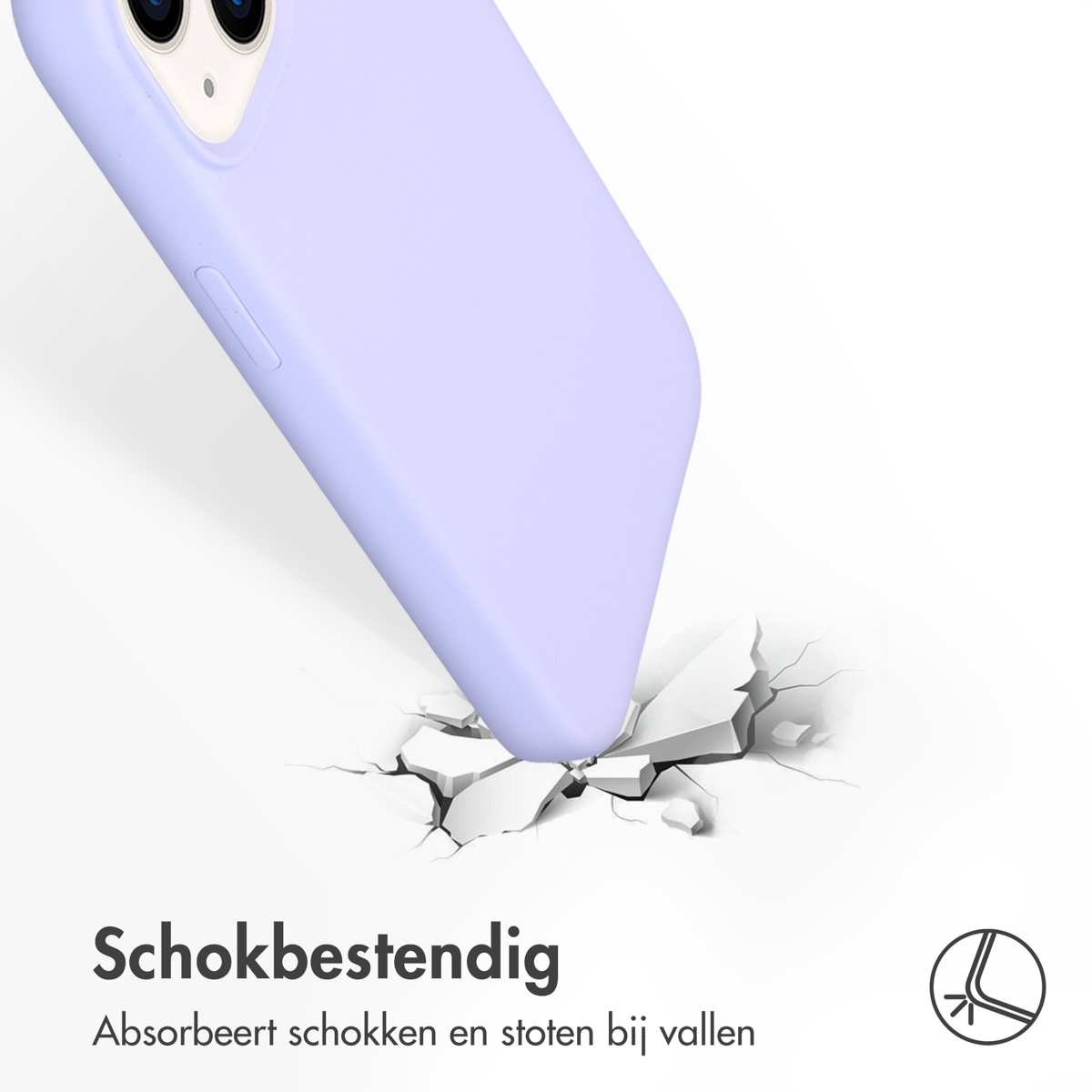 Paarse telefoonhoes valt, grond barst. Schokbestendige tekst.