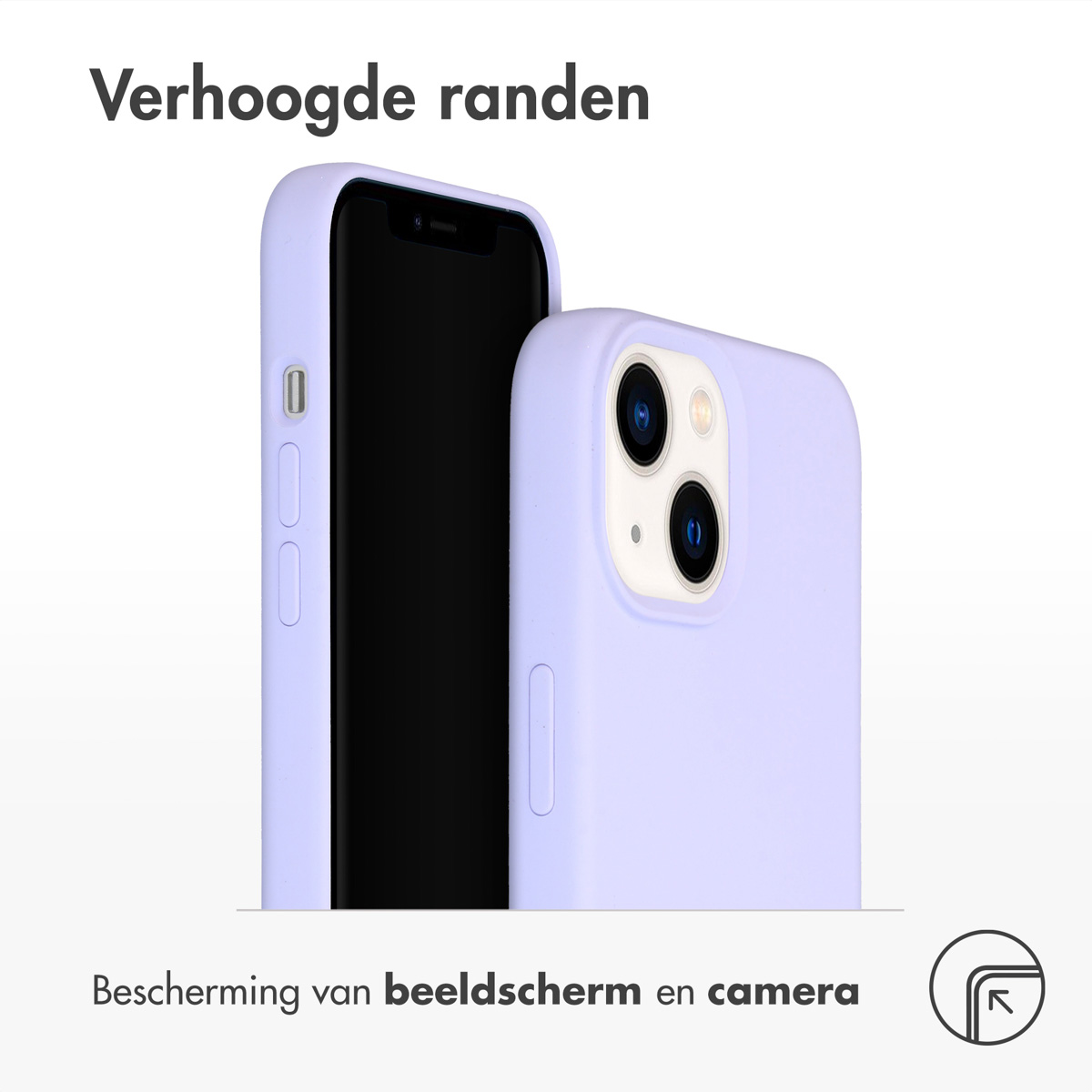 Twee telefoons met paarse hoesjes. Eén hoesje is open en toont het scherm. Tekst: Verhoogde randen voor scherm en camera.