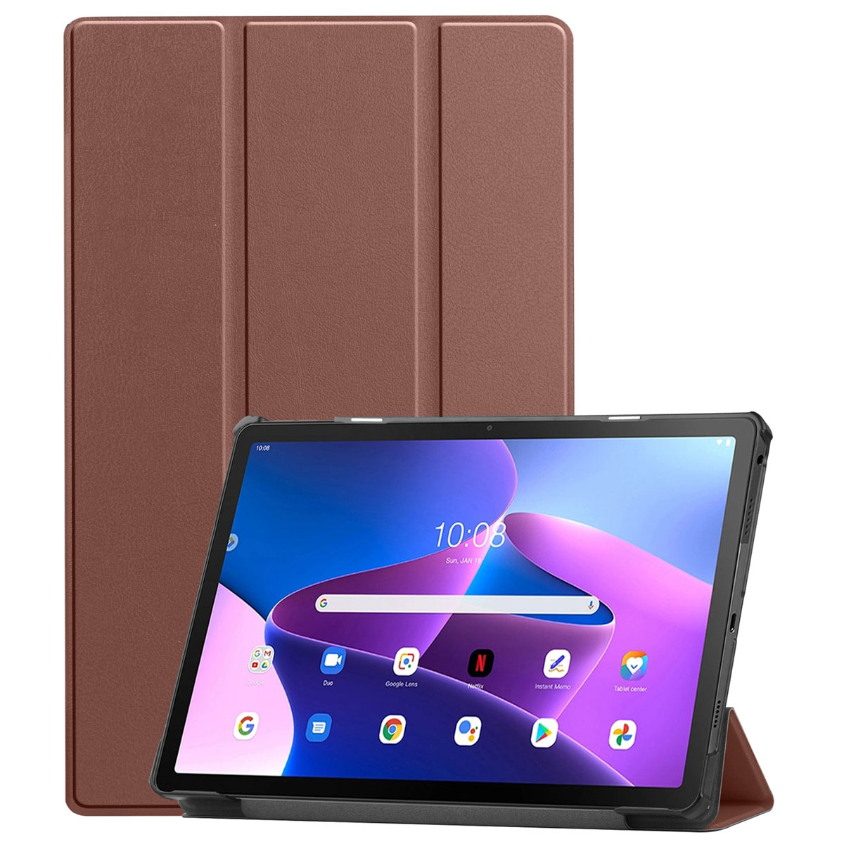 Tablet met bruine hoes, open. Tablet toont apps, tijd. Bruine hoes staat achter de tablet. Witte achtergrond.
