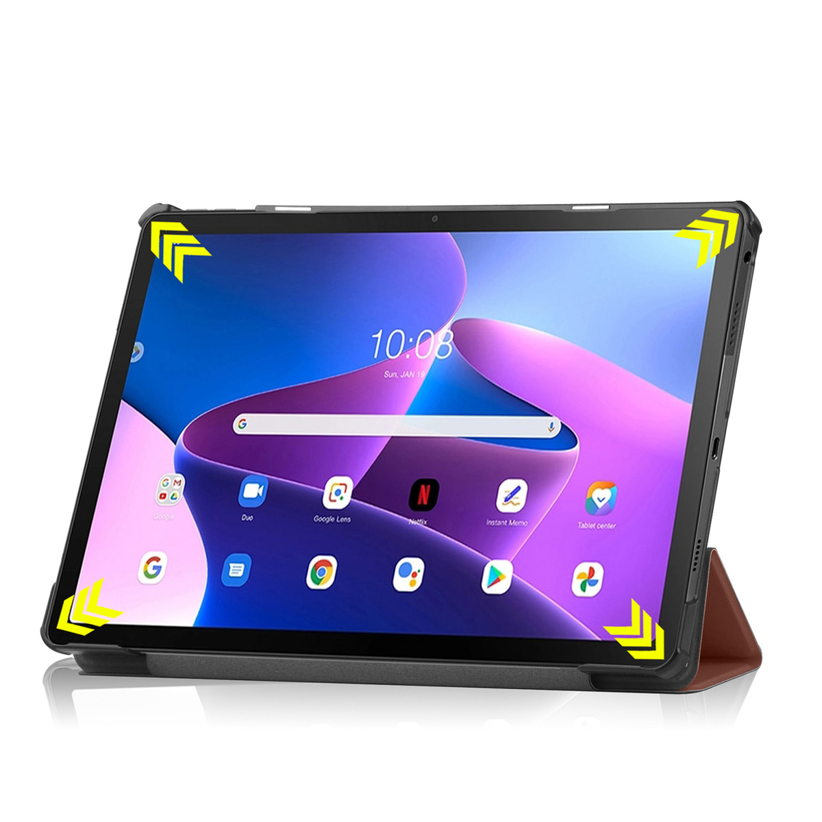 Tablet in een bruine hoes, gekanteld. Hoes met gele hoekaccenten en een standaard.
