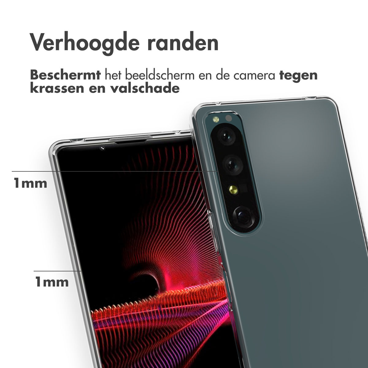 Telefon mit klarer Hülle, zeigt Kamera. Die Hülle hat erhöhte Kanten, 1 mm hoch.