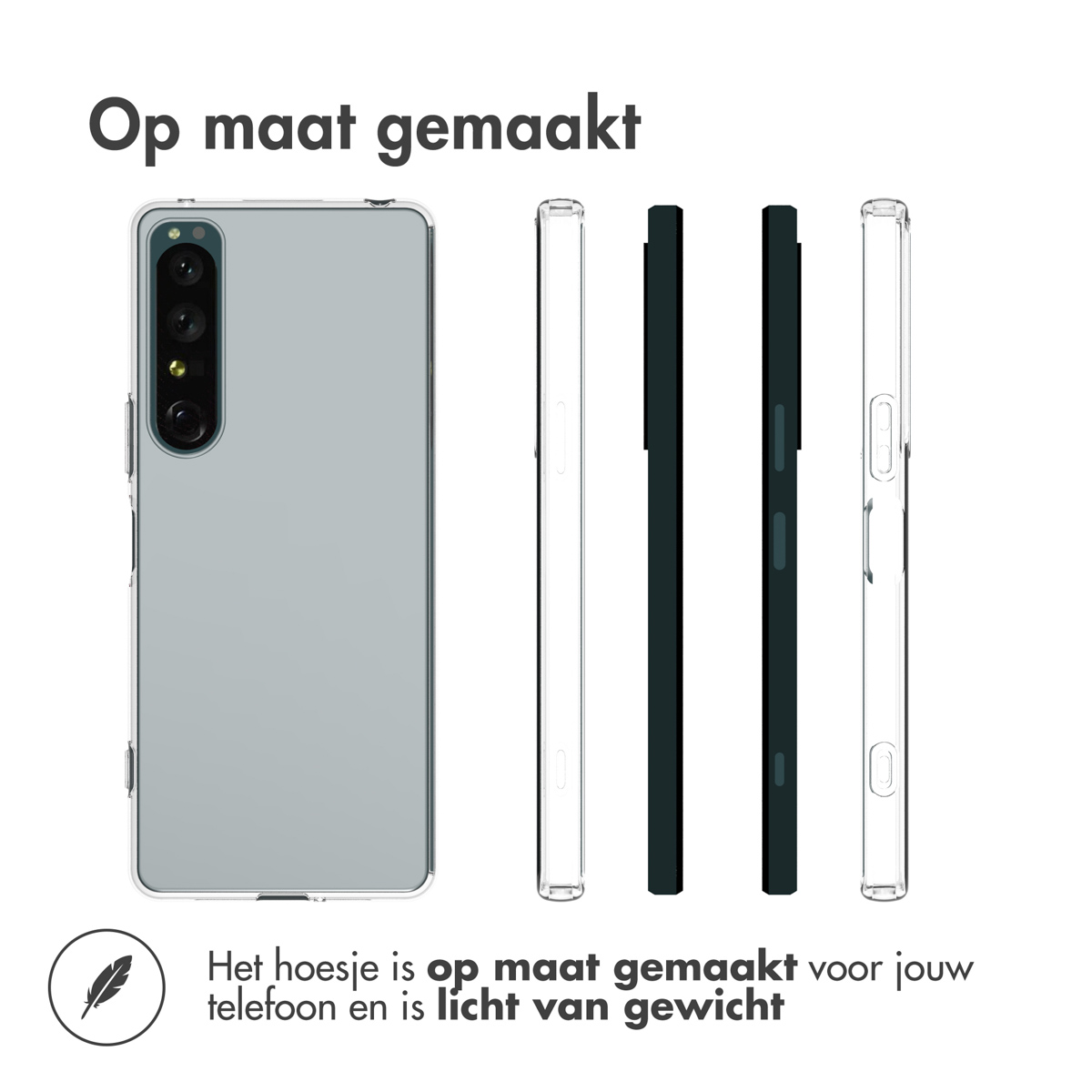 Handyhülle mit Telefon. Zeigt eine klare Hülle mit verschiedenen Ansichten.
