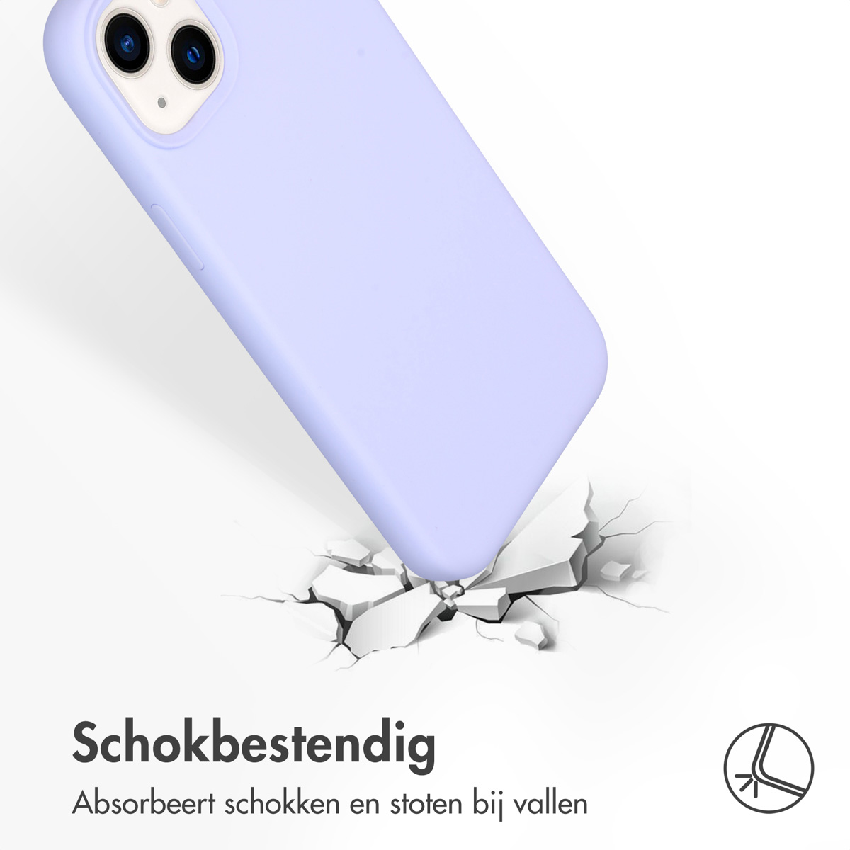 Lavendelfarbene Handyhülle. Telefon liegt auf zerbrochenem Boden, Hülle ist stoßfest.