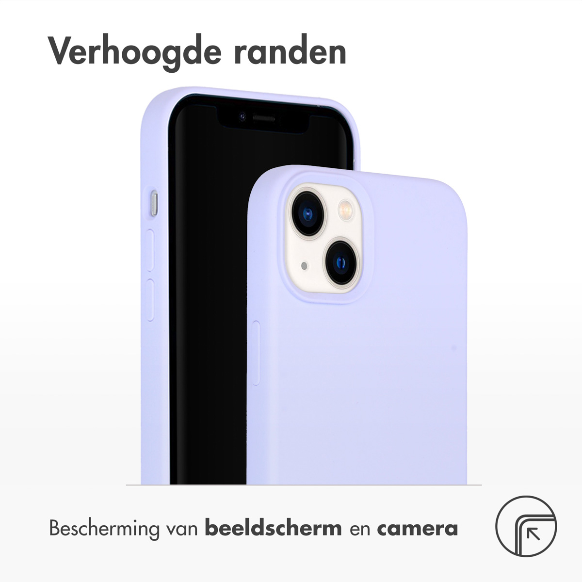 Zwei Telefone, eines in einer hellvioletten Hülle. Text: 'Erhöhte Ränder'. 'Schutz von Bildschirm und Kamera'.
