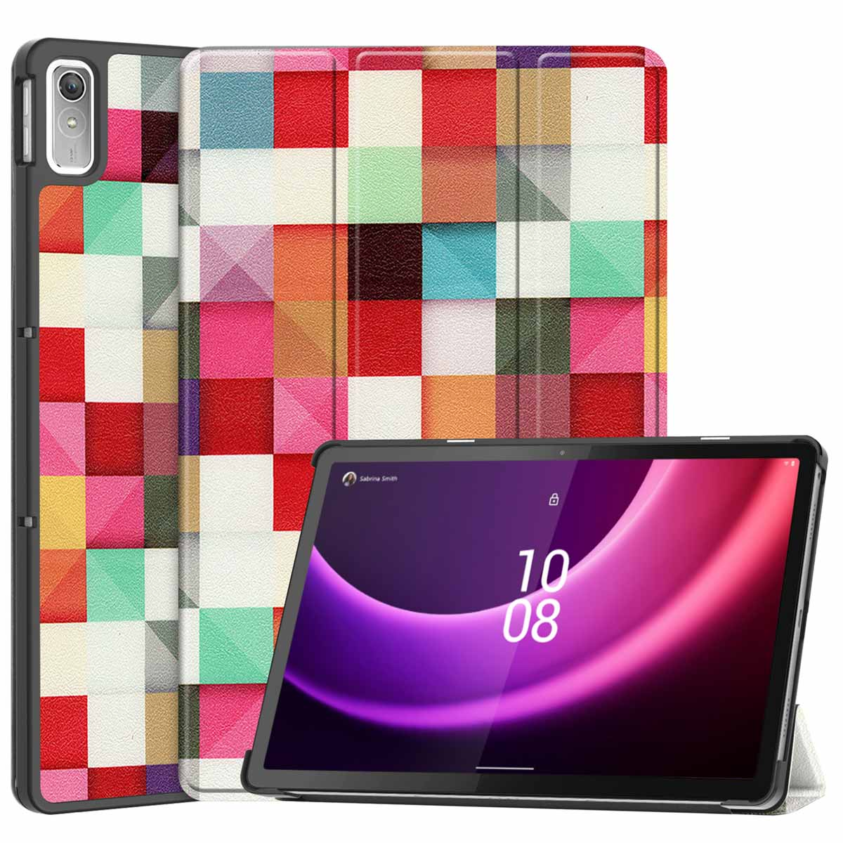 Tablet met kleurrijke vierkanten hoes en een tablet met een roze en paars scherm.