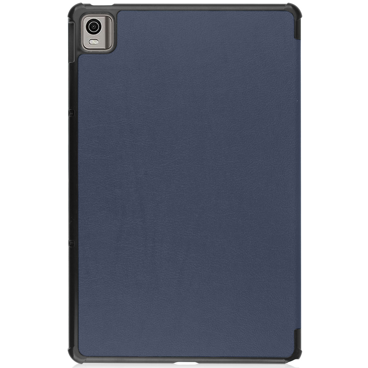 Tablet in a dark blue case, closed. The case has a camera cutout on the top left.