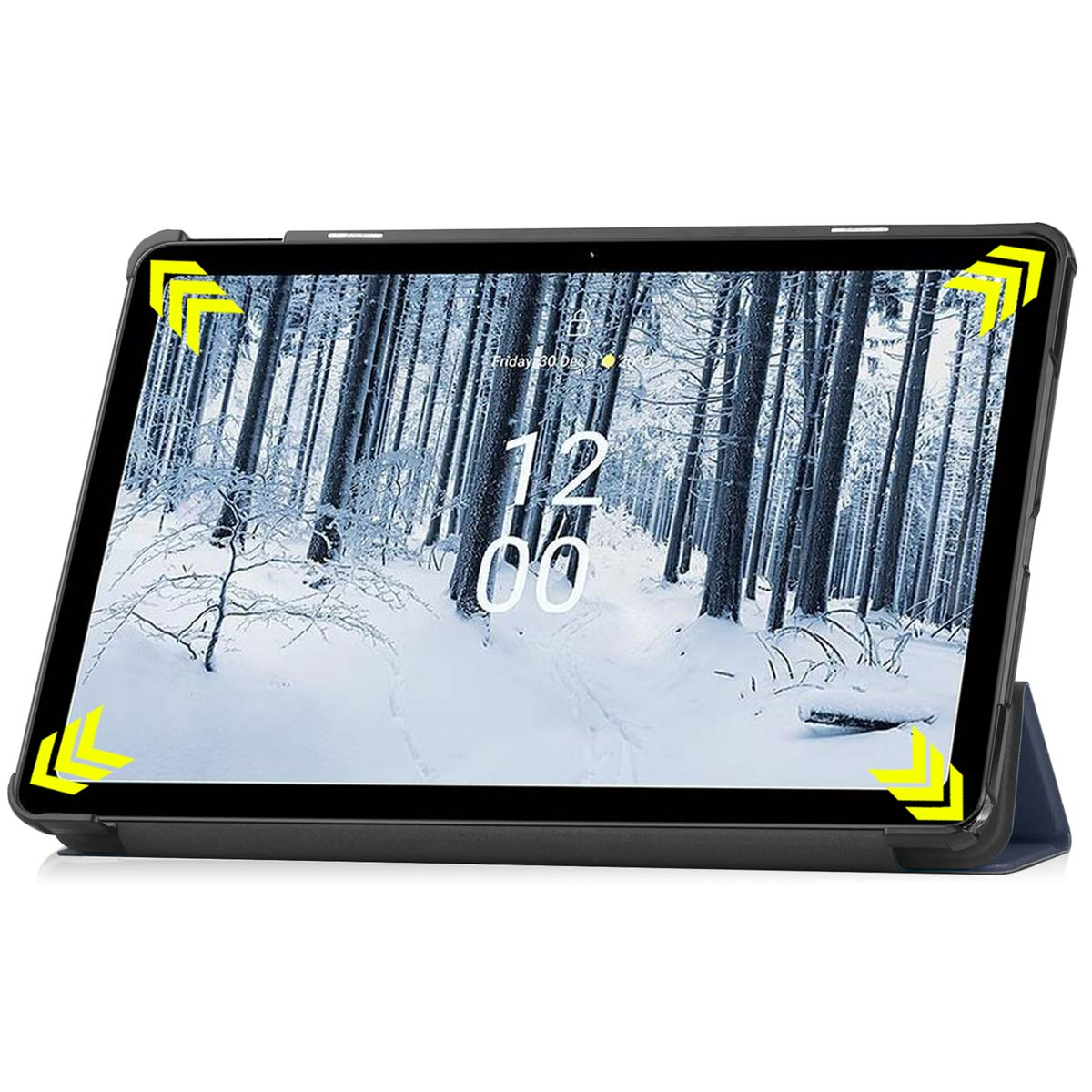 Tablet in a black case, open, showing a winter forest scene. The time is 12:00 on screen.