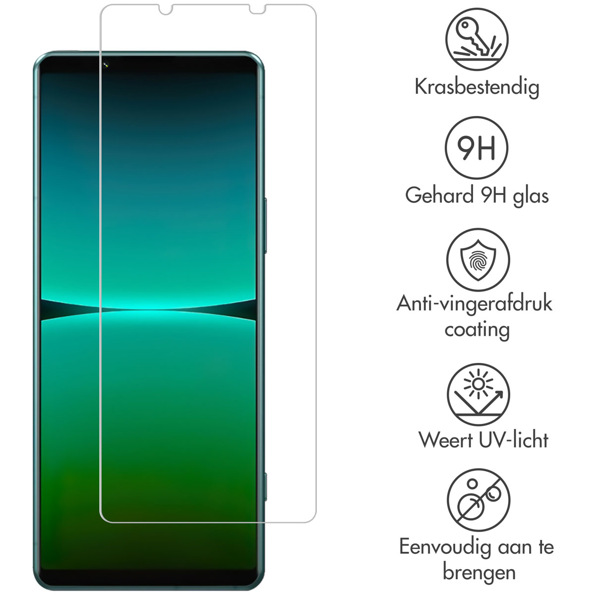 Phone with screen protector applied. Texts: scratch resistant, 9H glass, anti-fingerprint, UV light.
