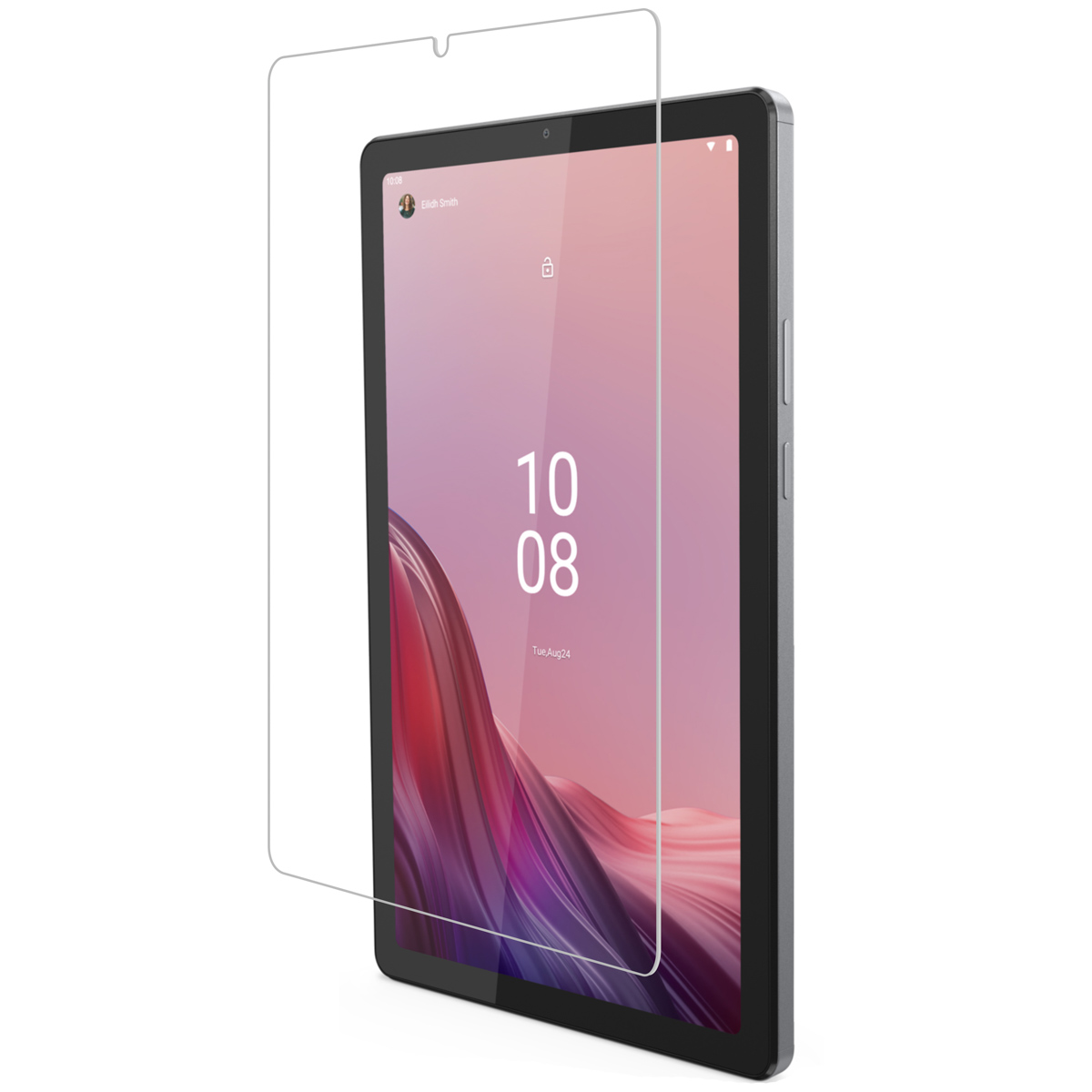 Tablet with screen protector. The screen shows the time and date, with a pink background.