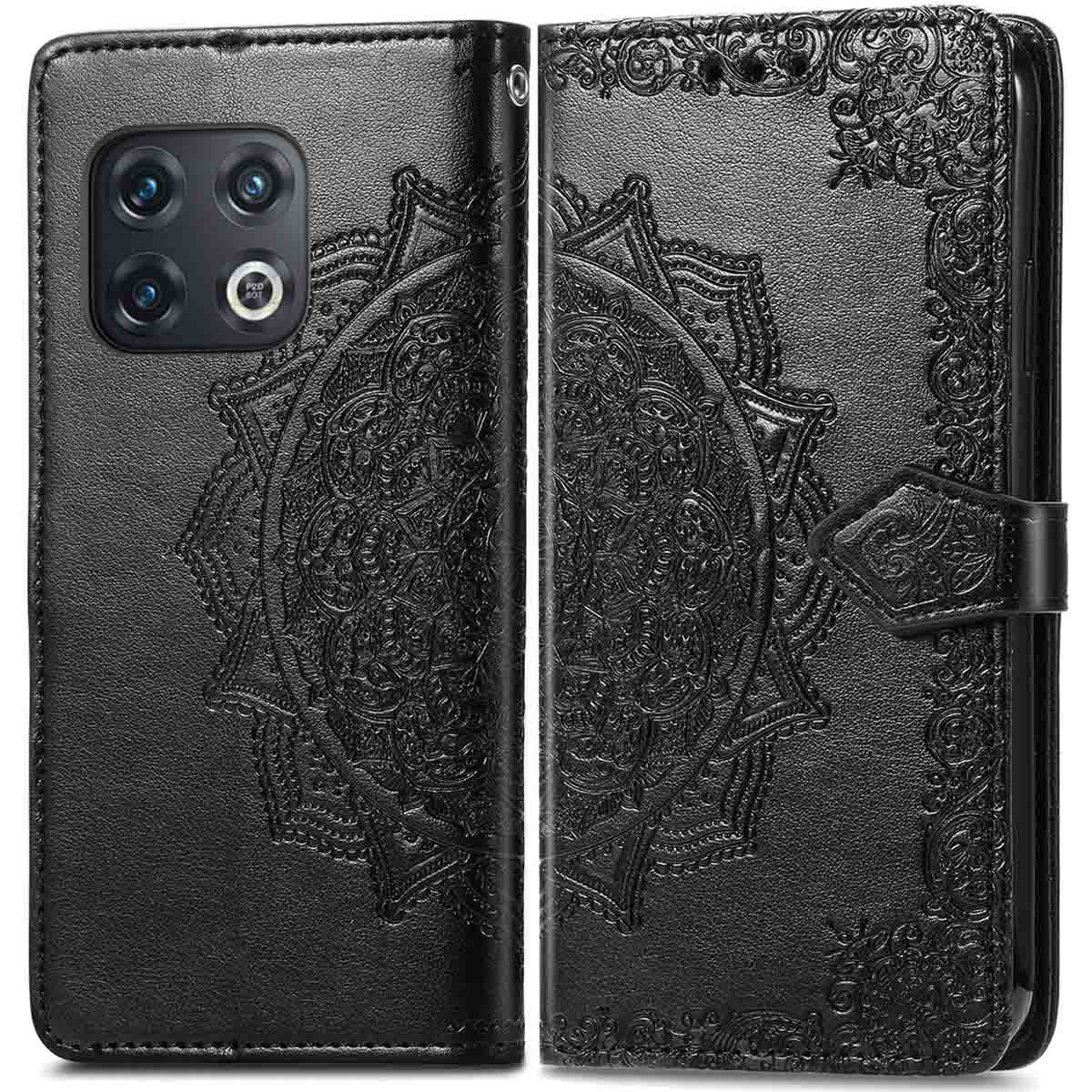 Zwarte telefoonhoes met mandala-ontwerp, meerdere camera's en een magnetische sluiting.