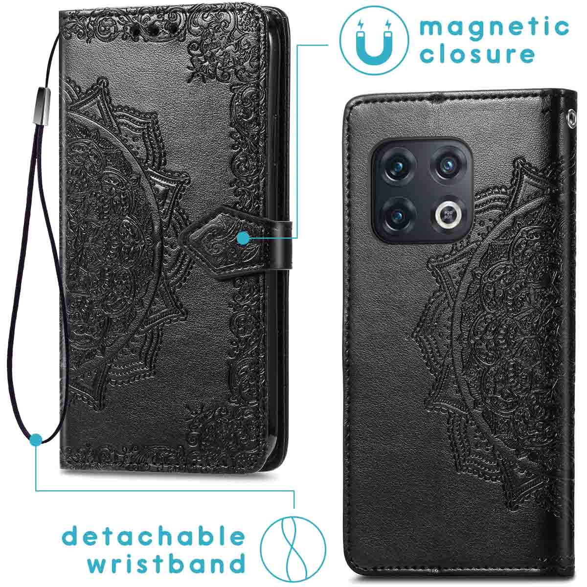 Een zwarte telefoonhoes met een telefoon erin. De hoes is versierd met een patroon.