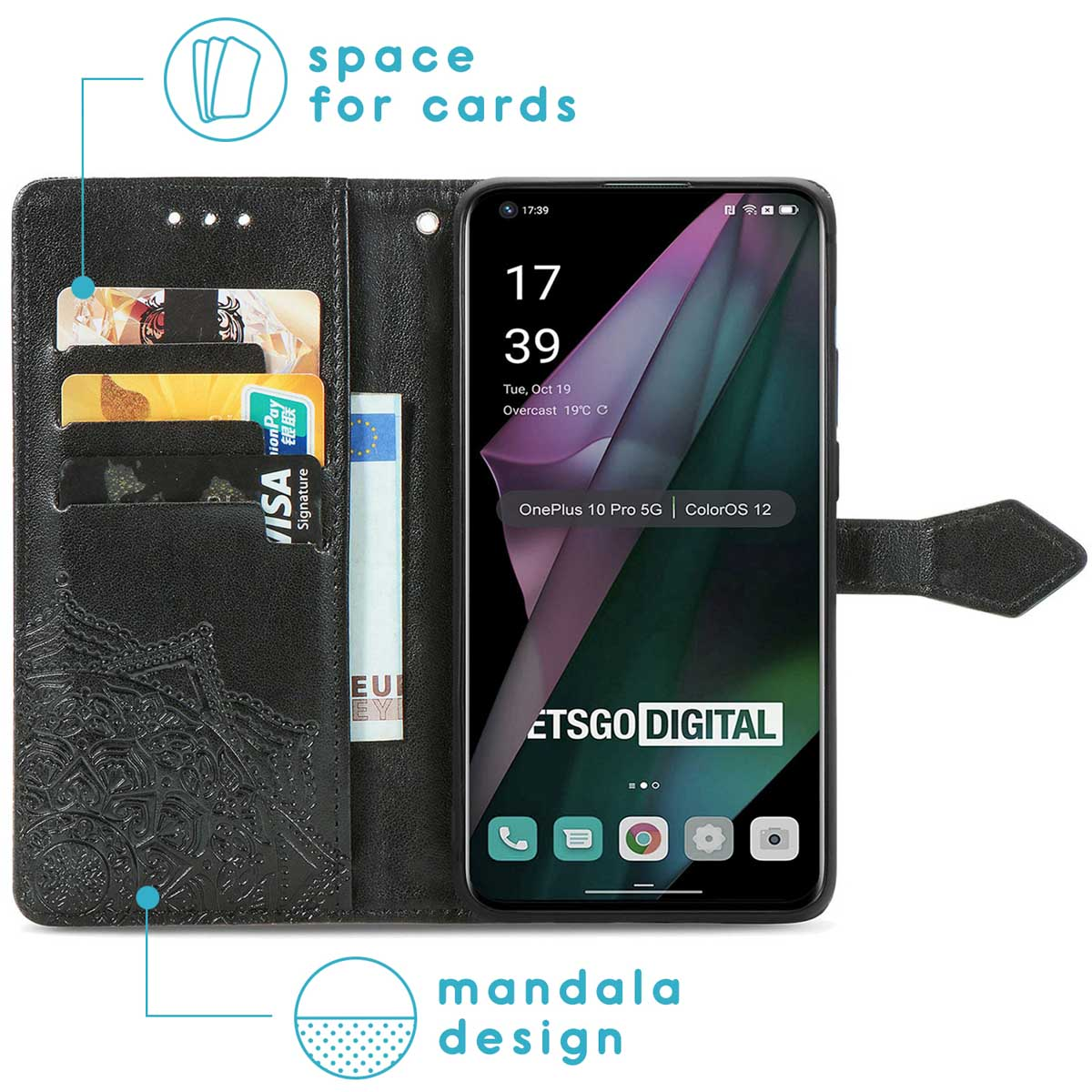 Zwarte telefoonhoes met kaartsleuven en een telefoon met een kleurrijk scherm.
