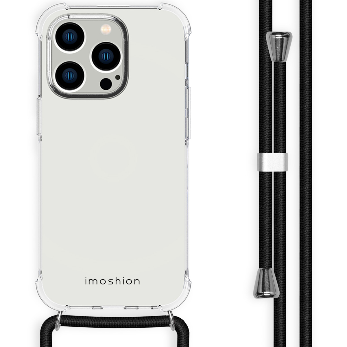 Clear iPhone case with black lanyard. Phone has three cameras. White background.