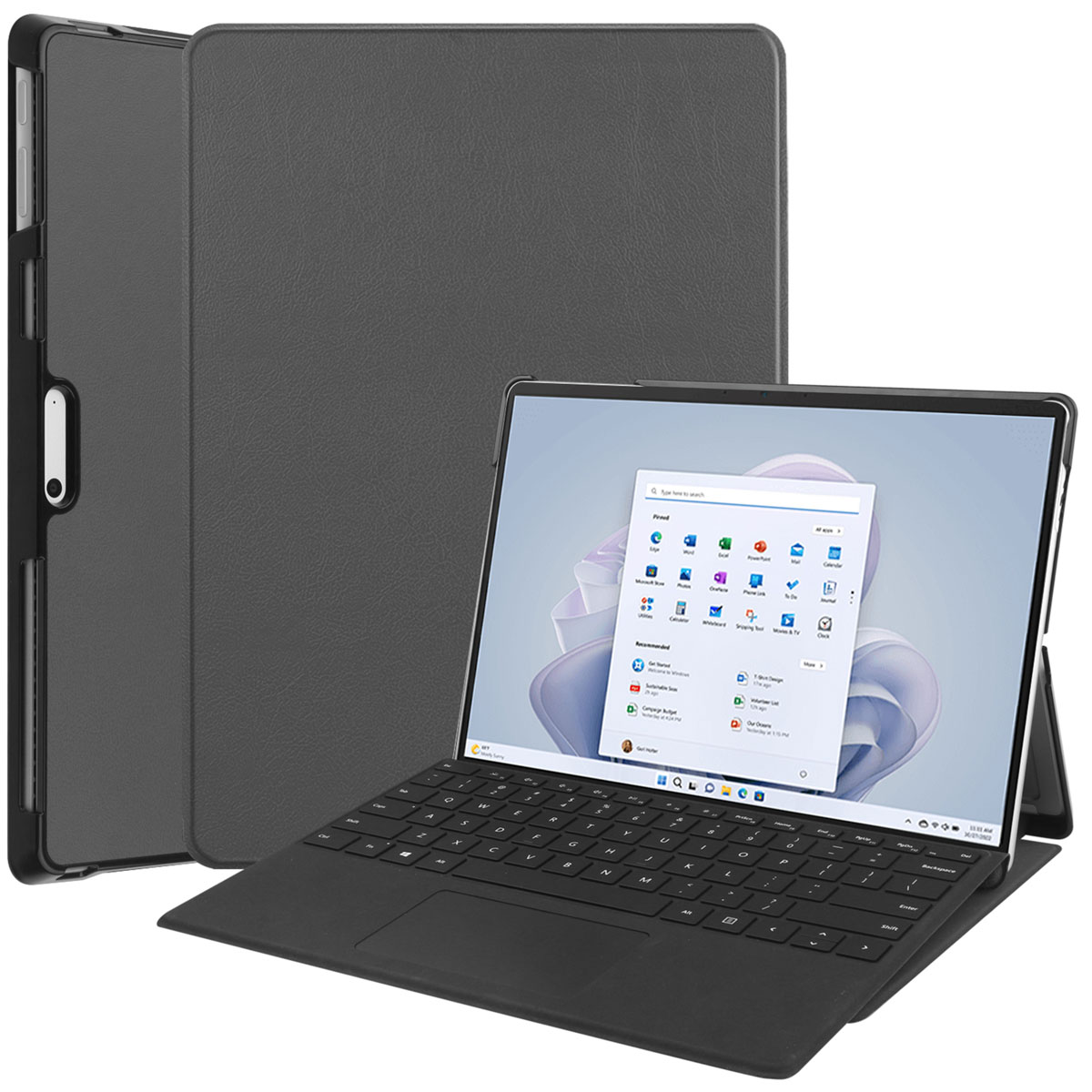 Laptop and tablet case. Laptop is partially open. Case is closed. The scene is indoors.
