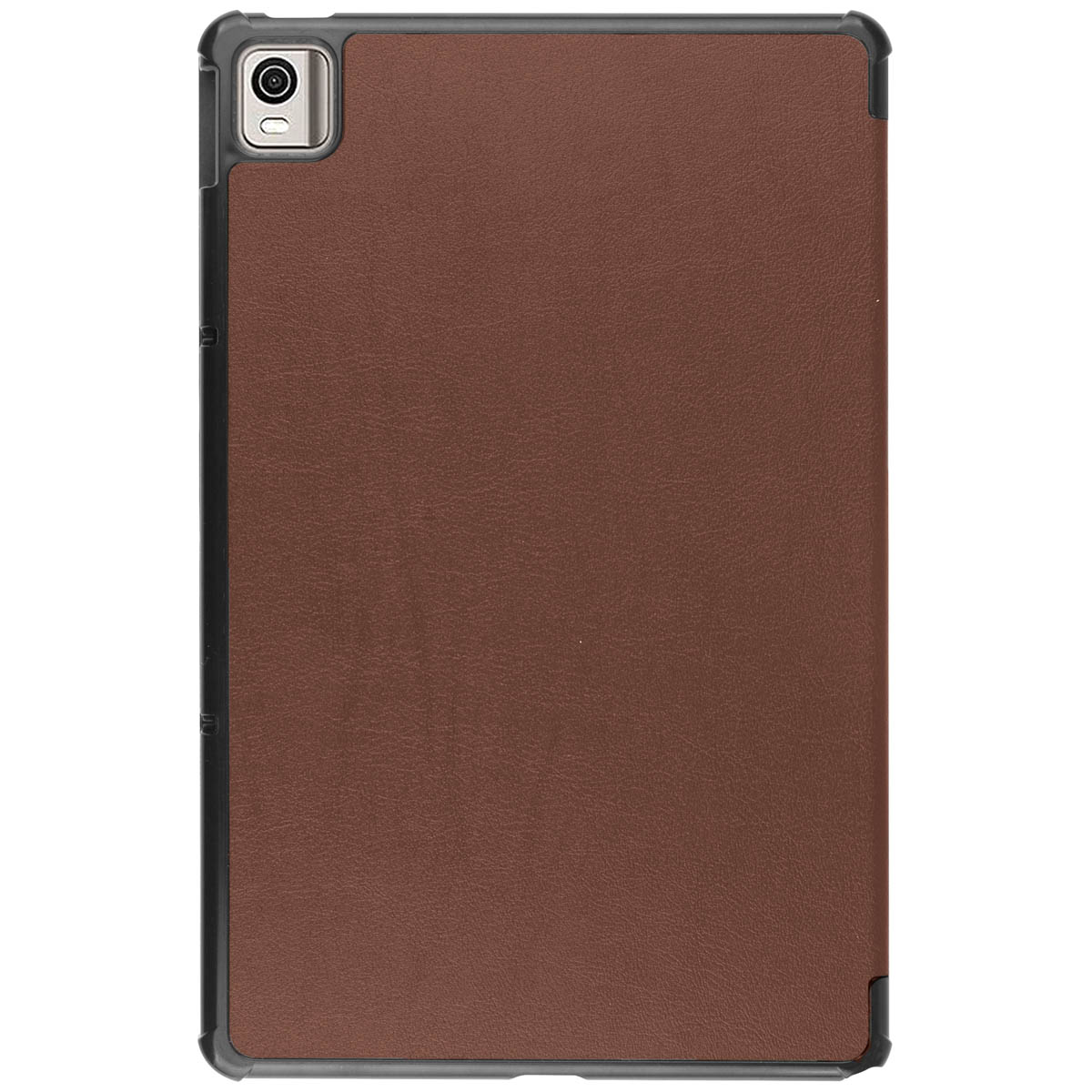 Brown tablet cover, black frame and camera cutout.