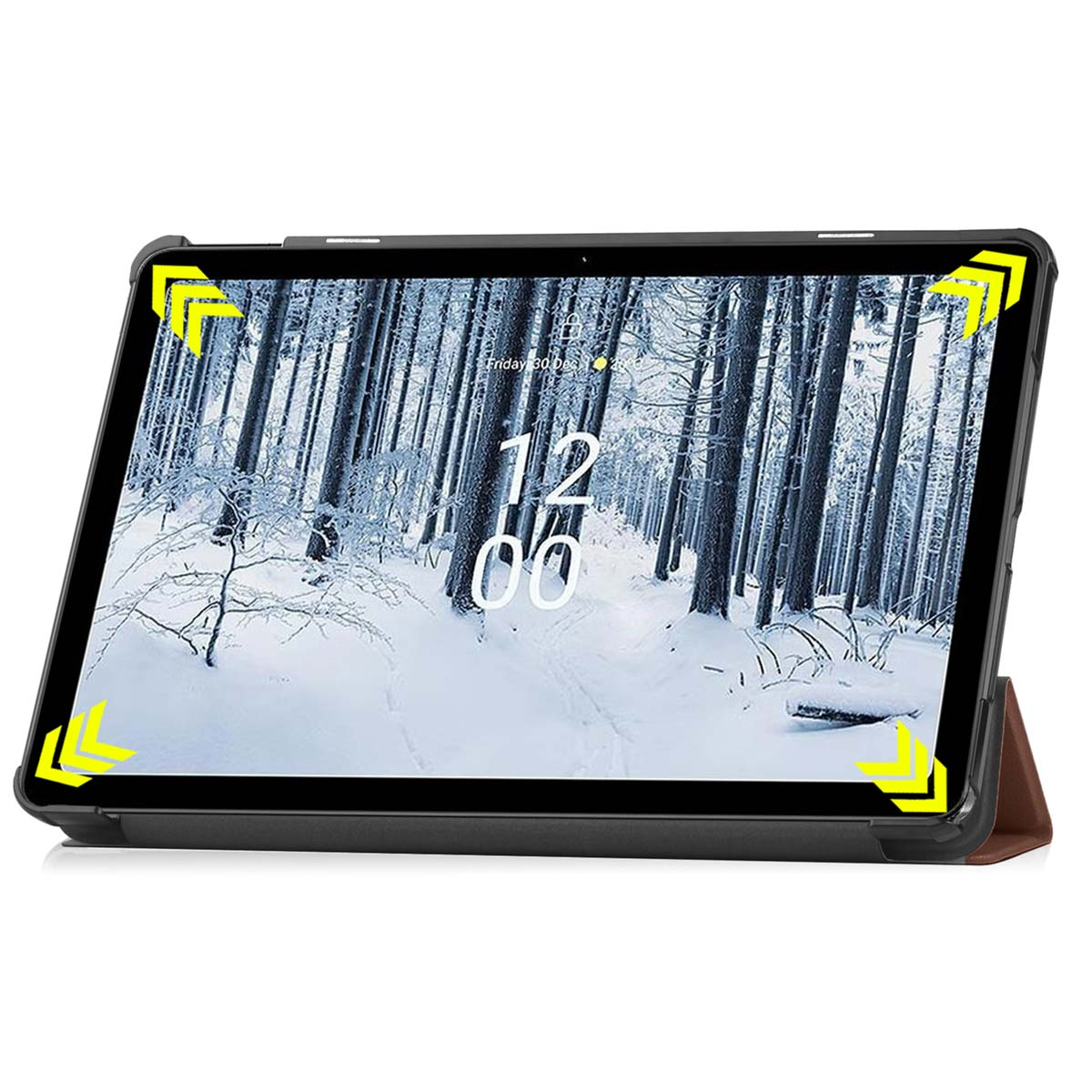 Tablet with a winter scene on the screen. Black case with yellow corner guides.