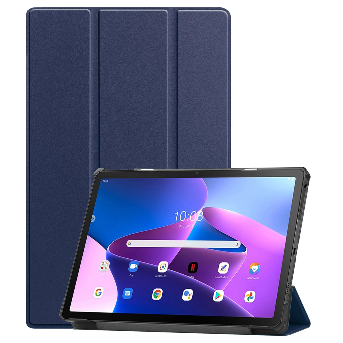 Blue tablet cover with tablet inside. Tablet shows the time, icons, and a blue background.