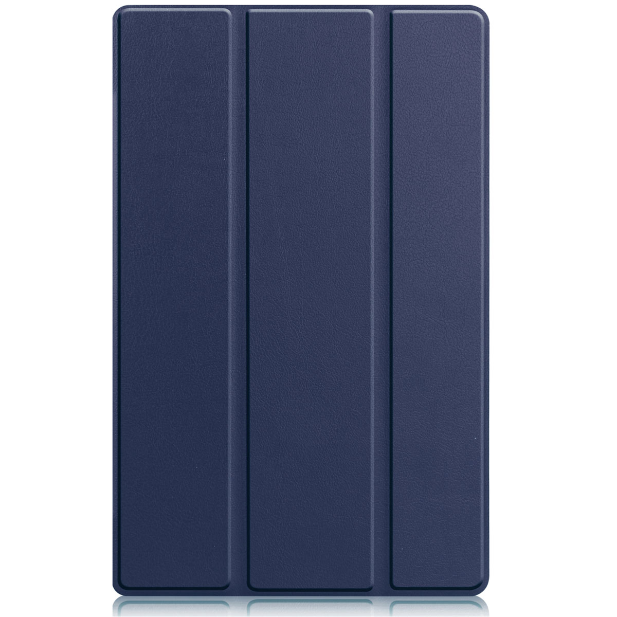 A navy blue tablet case, closed, showing a textured surface with three vertical panels.