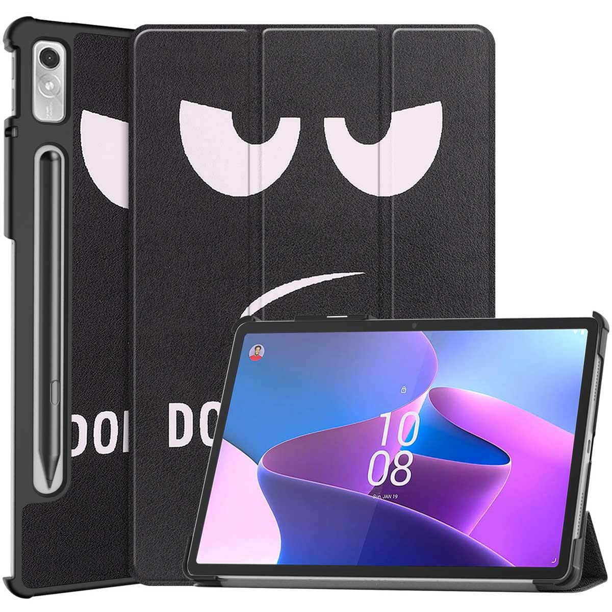 Tablet with black case, a white face on the back. Stylus on the side.