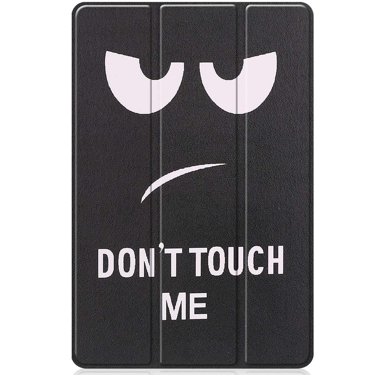 Black tablet cover with a white face design and the words, "DON'T TOUCH ME".